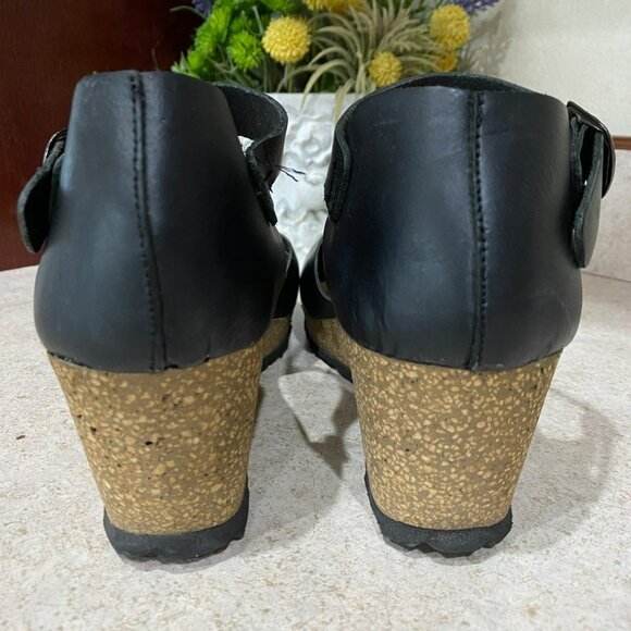 Yokono Womens Black Leather Mary Jane Wedge Sandals Size 7 With Cork Sole & Buck - Picture 5 of 7